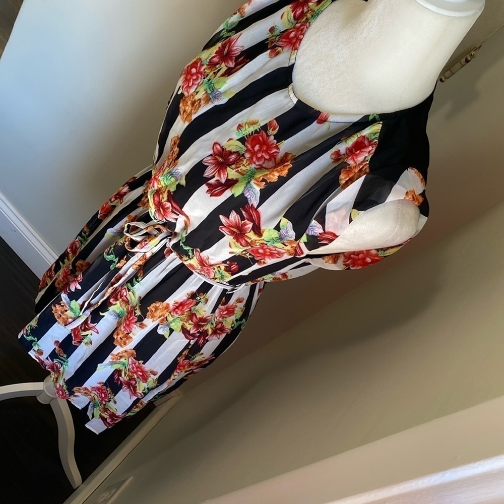 TULLE Floral Stripes Chiffon Tie Waist Dress Black White Red Green Orange - Picture 2 of 10